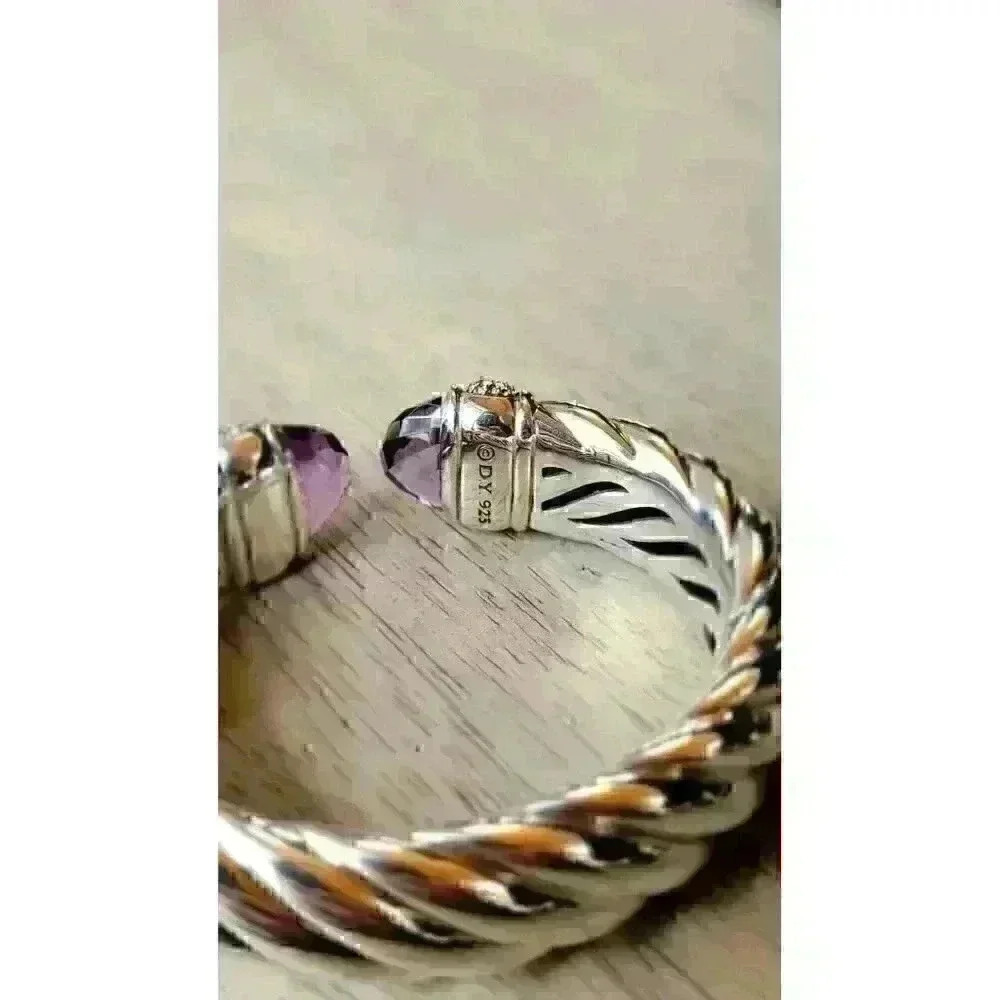 David Yurman 925 Sterling Silver Waverly 18mm Amethyst Hinged Cuff Bracelet - Picture 3 of 7